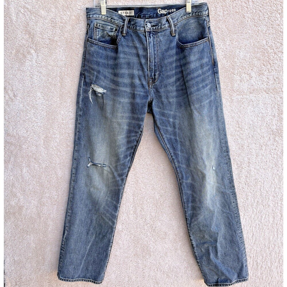 Gap Jeans Mens 36x32 Straight Leg Med Wash Distressed Denim Casual Work